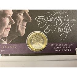 First day covers, PHQ cards and stamps, including small number of mint Queen Elizabeth II stamps, Elizabeth and Philip Diamond Wedding Anniversary 2007 Gibraltar two pound coin cover etc, in one box