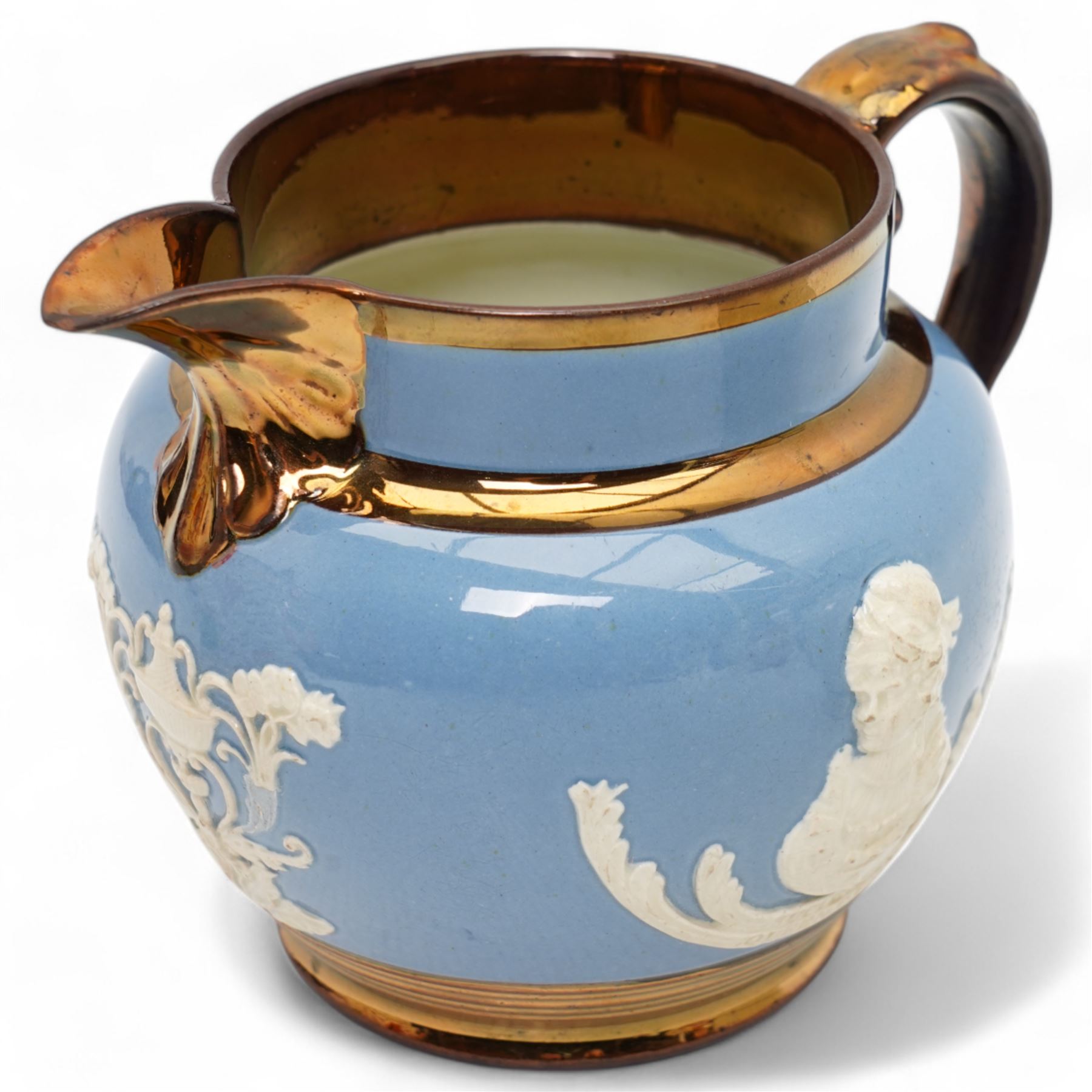 Victorian lustre and Prattware, including a pearlware Bacchus jug and hidden frog cup in the form of a Satyr, together with three other jugs, tallest H12.5cm (6)