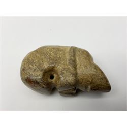 Chinese hardstone carving of a fish amongst coral, with platted rope handle, together with other hardstone and soft stone carvings  