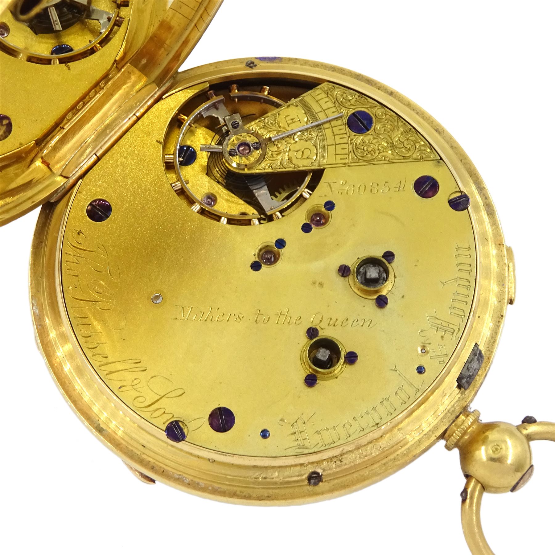 Victorian 18ct gold open face key wound lever pocket watch by Thomas Russell, Liverpool & London, No. 60854, stop/work lever, white enamel dial with Roman numerals, case by Thomas Russell, Chester 1873