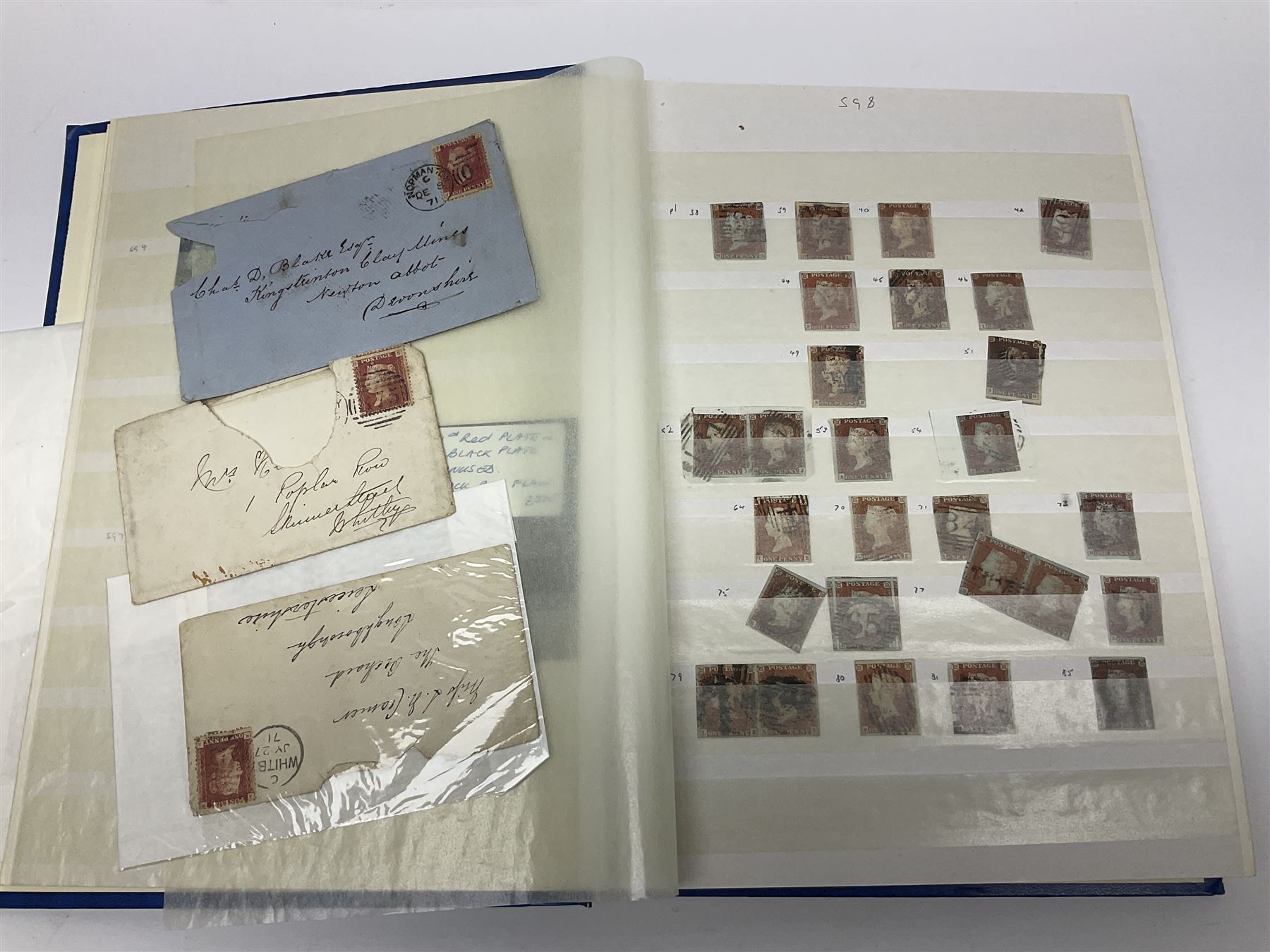 Mostly Great British Queen Victoria stamps, including penny black with black MX cancel, 1840 two pence blue with black cancel, imperf penny reds singles and pairs, perf penny reds stars and plates, various postmarks or cancels, penny reds on pieces or covers, halfpenny 'bantams', other QV issues with some higher values etc, housed in a blue stockbook