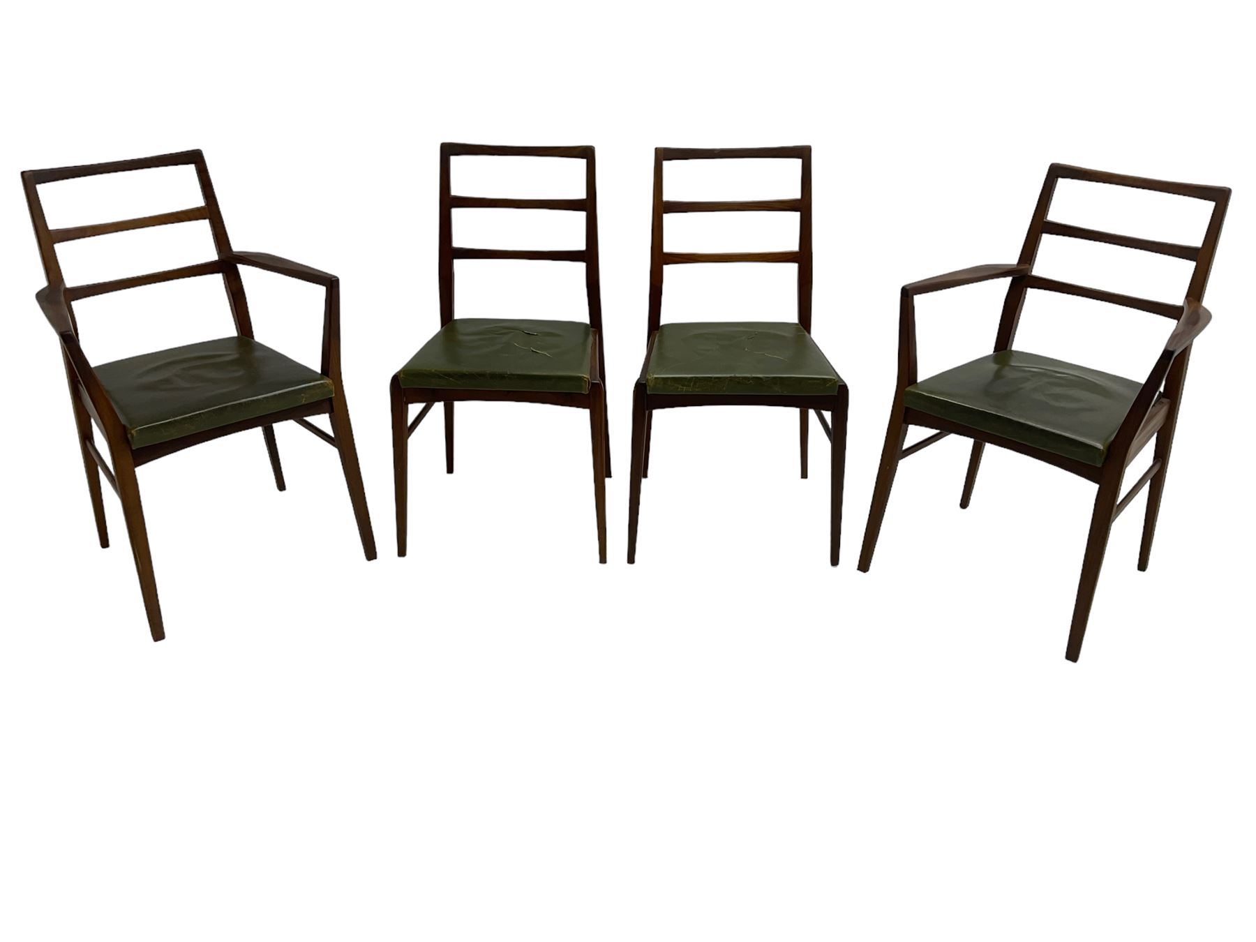 Richard Hornby for Fyne Ladye - set of six (4+2) mid-20th century dining chairs, ladder back over green faux leather upholstered drop-in seat, on tapering supports