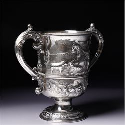 Victorian silver two handled cup embossed with cattle, horses and sheep and presented by Nottingham Mills Company to John Barugh, Thwing H16cm London 1865 Maker Henry Hollannd