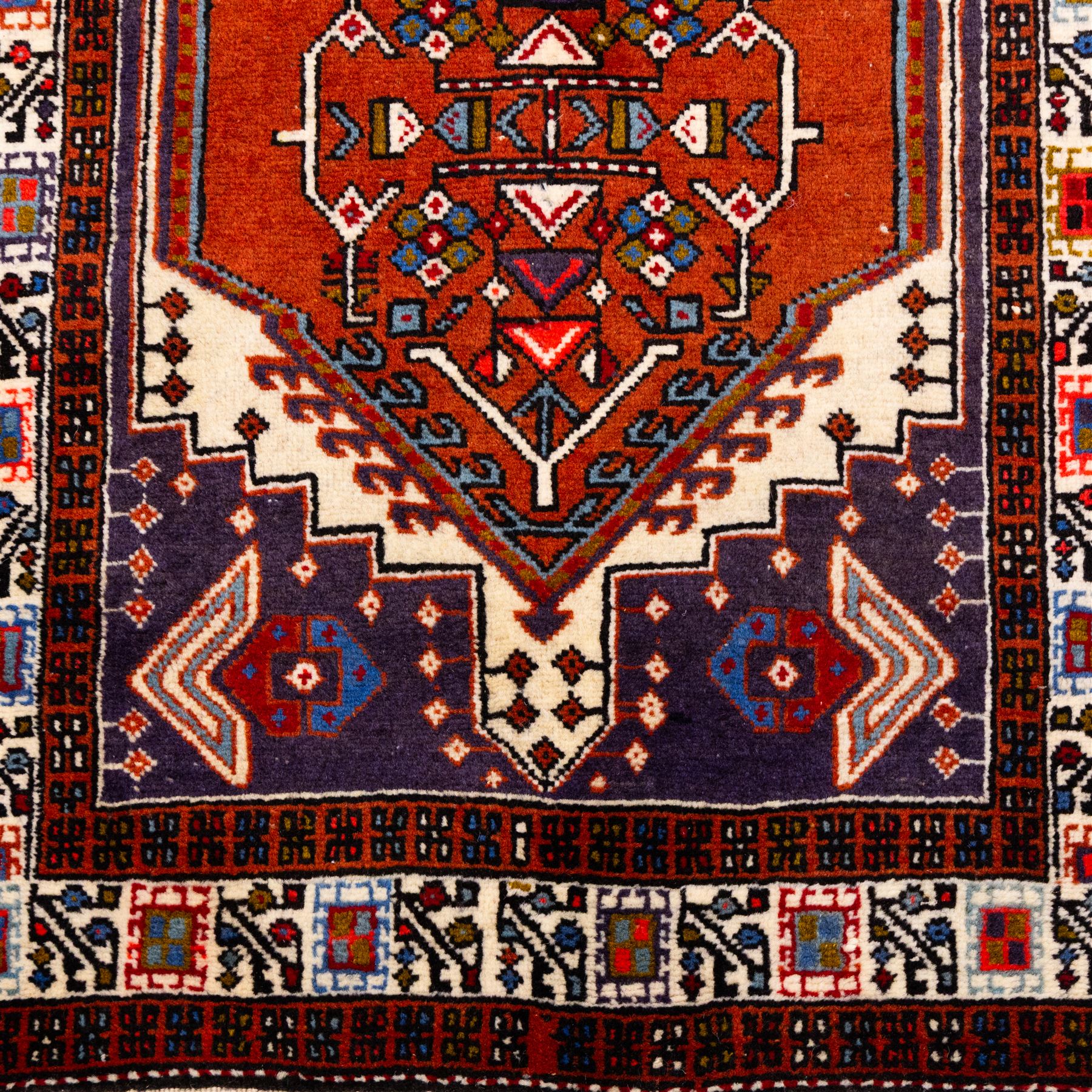 North West Persian Ardebil hand-knotted runner, ivory field decorated with row of large hexagonal medallions enclosing stylized geometric and floral motifs, linked by angular devices, within multiple geometric borders, cotton fringe ends 