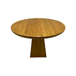 Light oak circular dining table, tapered pedestal