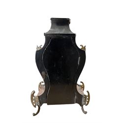 French- late 19th century 8-day Boulle mantle clock with rococo brass mounts, enamel dial with segmented Roman numerals, five-minute Arabic's and matching steel hands, Parisian rack striking movement sounding the hours and half hours on a bell. With pendulum and key. 