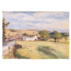 Robert Jobling (Staithes Group 1841-1923): Shepherdess and her Flock by a Watermill, watercolour signed 27cm x 39cm (unframed)