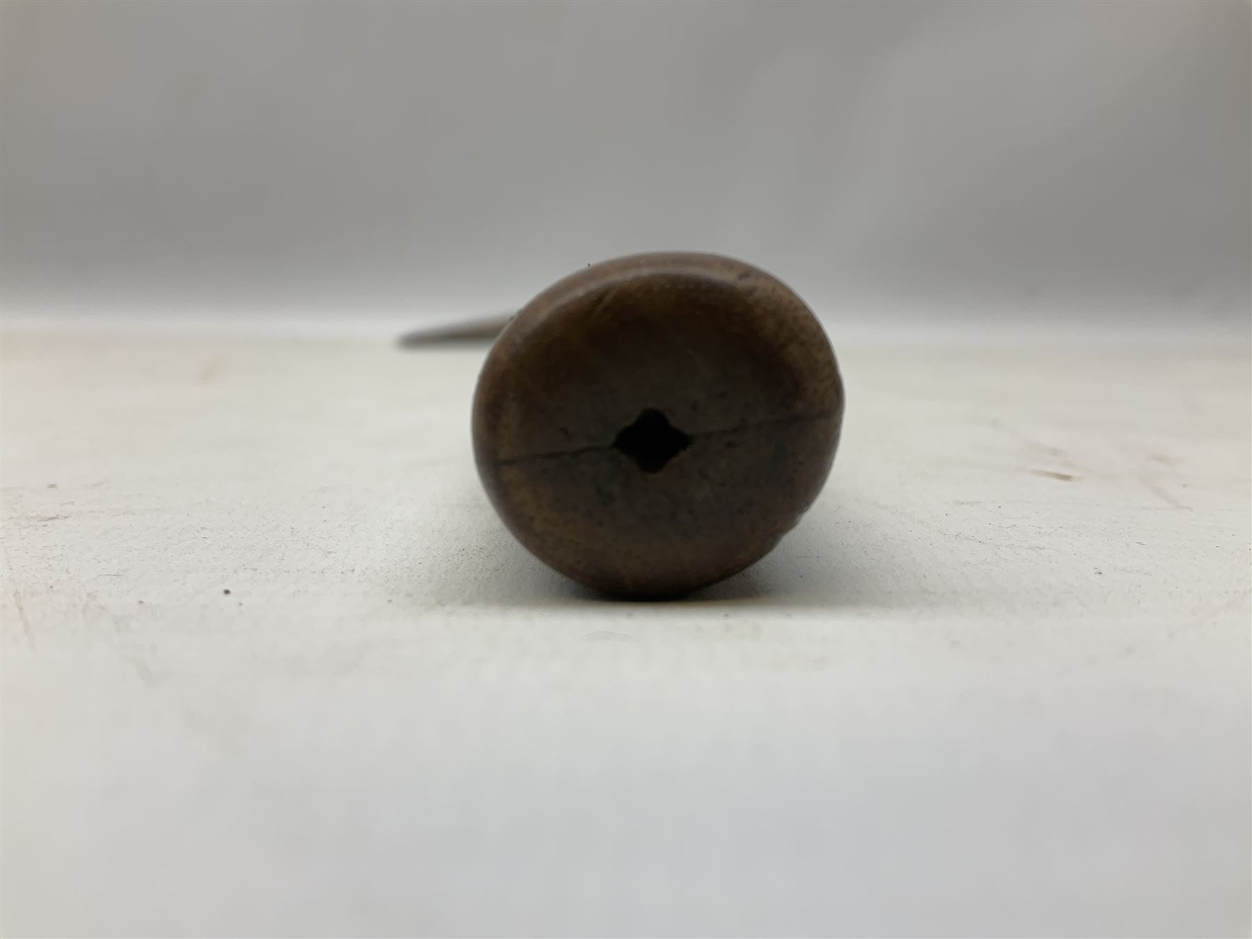 Early 20th century ceremonial Tomahawk pipe, steel axe head with pipe bowl, drilled drawing shaft, 46cm