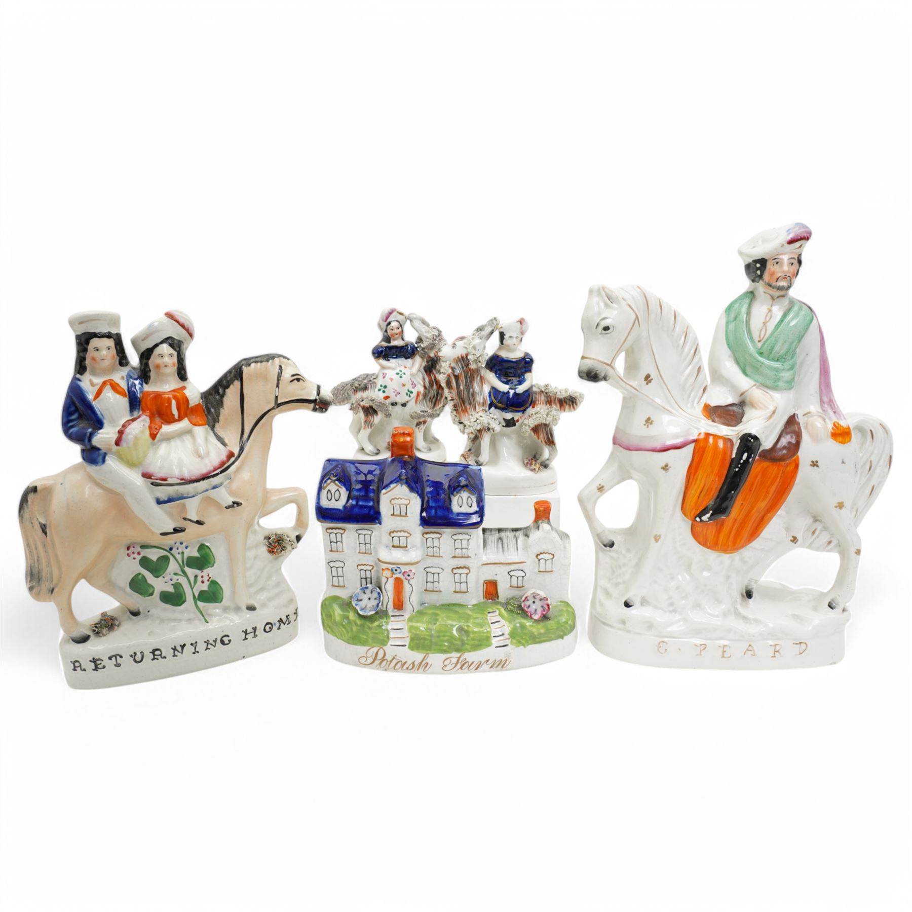 Collection of Staffordshire figures, to include a pair depicting Princess Victoria Adelaide Mary Louise, later Empress of Prussia and her brother King Edward VII as children riding goats, and others comprising Colonel Peard, Returning Home and Potash Farm (5)