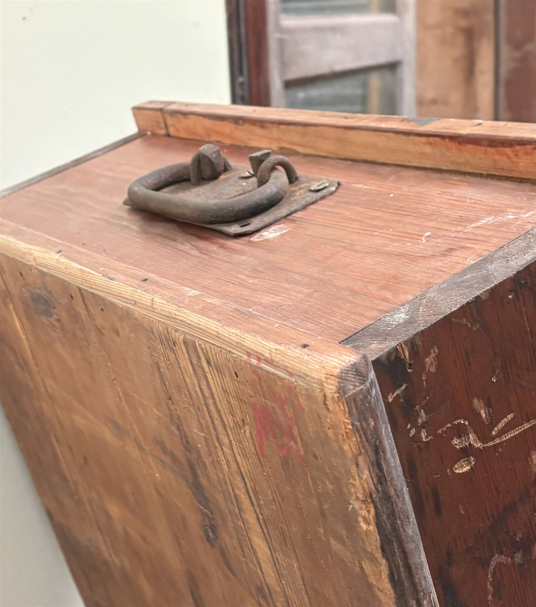 Pair of stained pine long boxes, early 20th century, with hinged lids and moulded base, one with wrought iron carry handle to each end. L203cm, D48cm, D20cm.  - COLLECTION BY APPOINTMENT FROM: The White House, Thirsk Road, Easingwold, York, YO61 3NF - CALL 01723 507111 TO ARRANGE