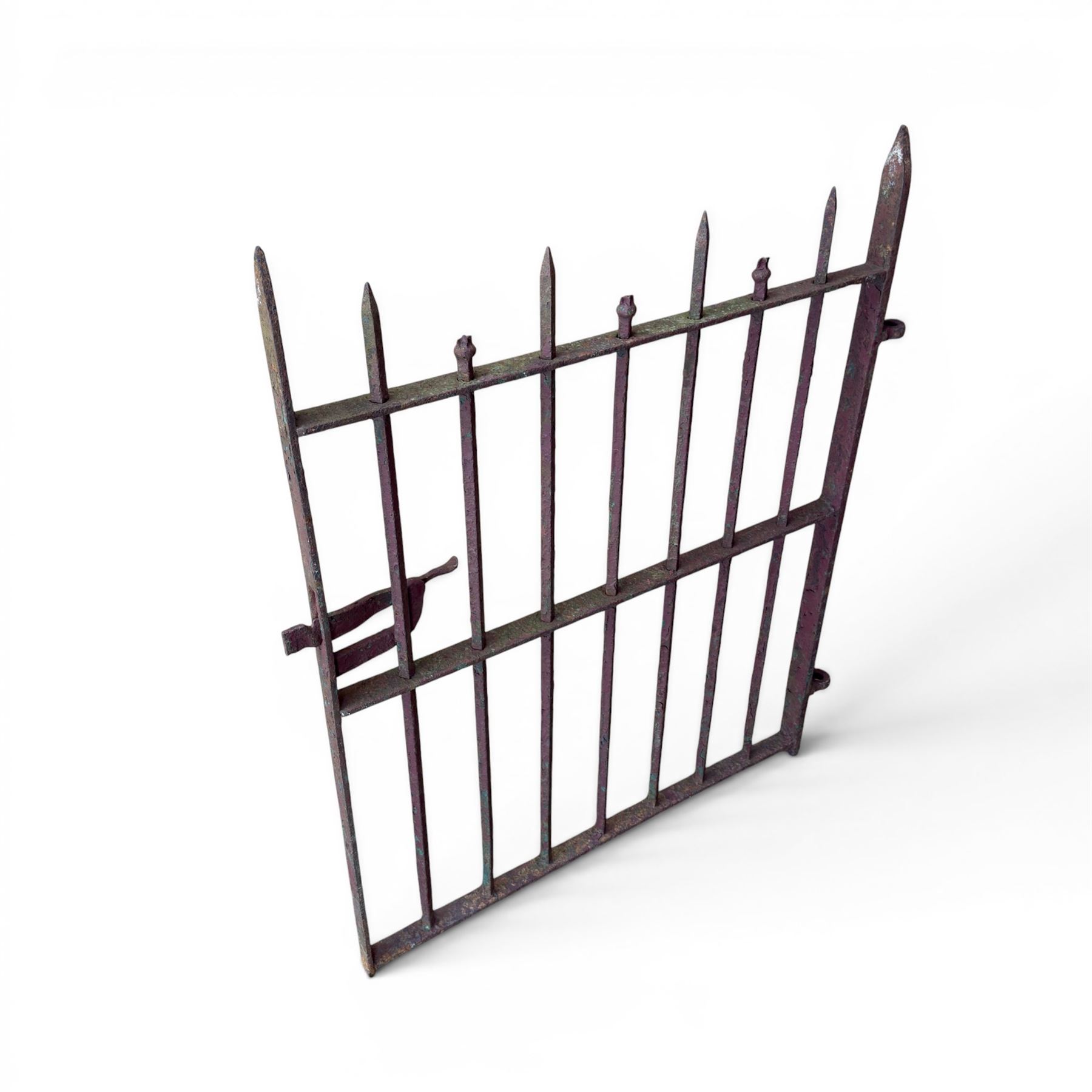 19th century wrought iron hand gate, with hinge loops and latch, square diamond fit rails, pointed finials