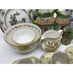 Royal Crown Derby Brocade pattern jug and sugar bowl, together with a similar gilt floral pattern bowl, three graduating Staffordshire style pearlware cottage jugs, Leeds Pottery model cottage and other ceramics and glassware, etc