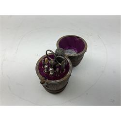 19th century wooden beehive thimble holder with silver bee decoration, black forest style pin cushion and thimble holder, modelled in the form of a standing bear and a wooden cased sewing set with silver thimble, sewing set H10cm