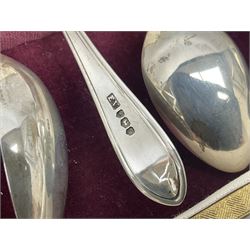 Cased set of six mid 20th century silver coffee spoons, hallmarked Sheffield 1954 and 1956, approximate silver weight 79.6 grams