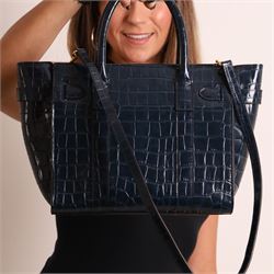 Mulberry - Belted Bayswater with Zip handbag in Midnight Croc embossed leather, the structured body with twin rolled top handles, detachable and adjustable shoulder strap, gold-tone Postman’s Lock fastening, belted front detail and zip closure, burgundy suede interior, with original dust bag