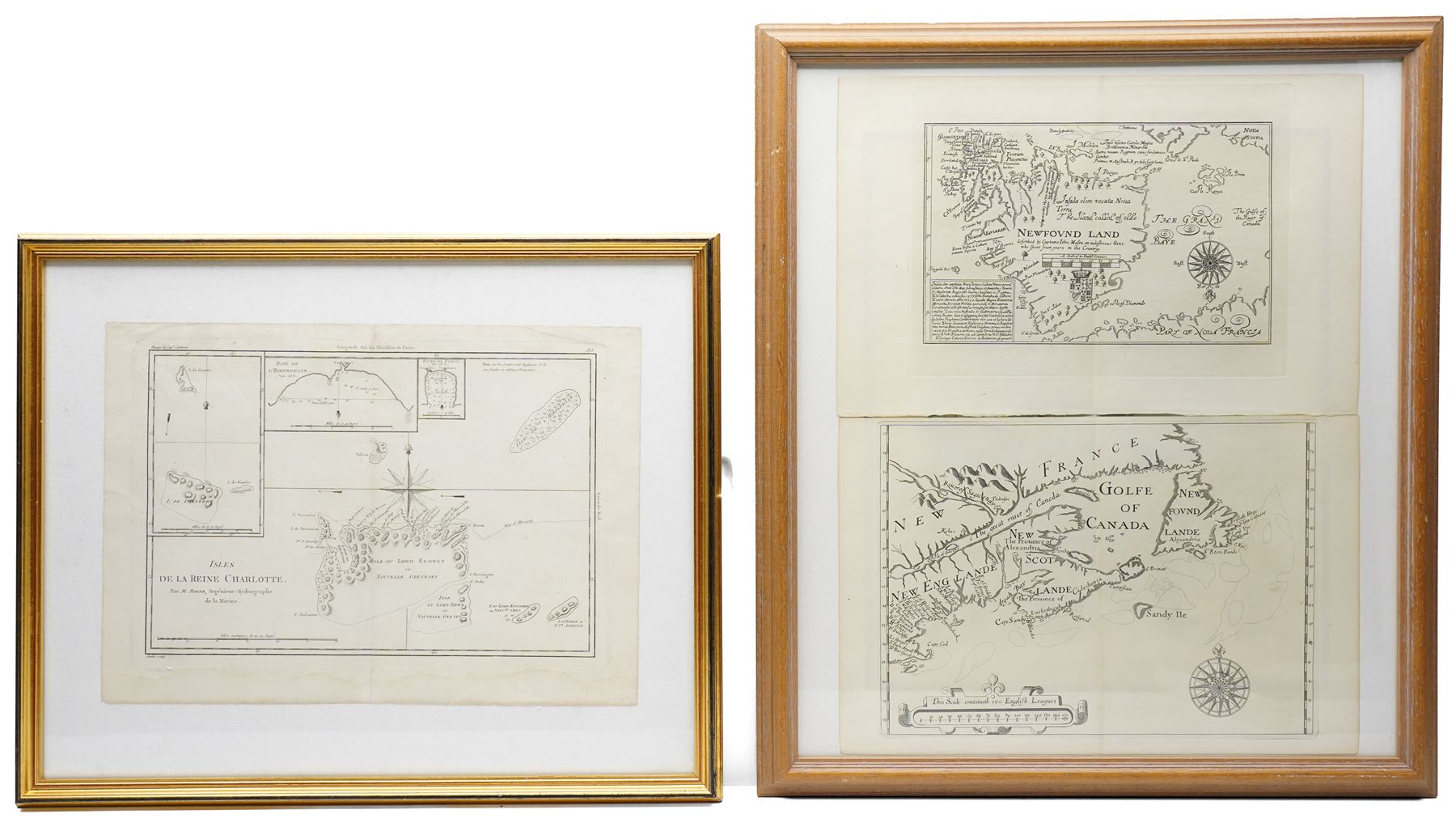 Rigobert Bonne (French 1727-1795): 'Isles de la Reine Charlotte', 18th century engraved map of the Queen Charlotte Islands (Haida Gwaii), engraved by Jean André c.1787, 29cm x 41cm; together with William Alexander (British 1567-1640): 'New Englande New Scotlande', later impression of the 1625 engraved map of New England and Nova Scotia, the first printed map to name Cape Cod, and John Mason (British c.1586-1635): 'Newfound Land', later impression of the 17th century engraved map of Newfoundland, Canada 52cm x 40cm (3) (framed as two)