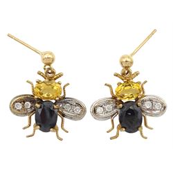 Pair of 9ct gold citrine, diamond and onyx bee pendant stud earrings