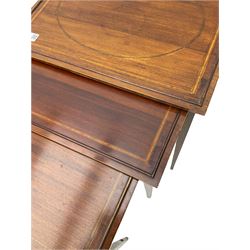 Edwardian mahogany wall hanging corner display cabinet, projecting dentil cornice over astragal glazed door (W56cm, H93cm), and an Edwardian mahogany nest of three tables (46cm x 36cm, H60cm)