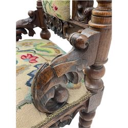 19th century oak hall chair, heavily carved, bobbin turned columns, tapestry seat and back