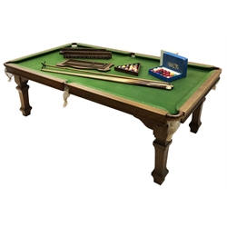 Edwardian 'E.J.Riley LTD' oak framed slate bed billiard table, with dining table leaves, green baize, four square tapering fluted supports, with accessories including ball set, cues, scoreboards, W120cm, H74cm, L225cm