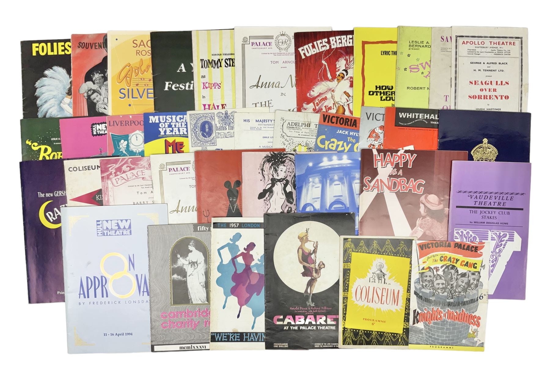 Over thirty theatre programmes 1940s and later including various London theatres - Apollo, Adelphi, Savoy, Drury Lane, Palace, Prince Edward, Vaudeville, Palladium etc, Folies Bergere and others