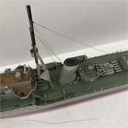 Large scale model of the Destroyer Javelin F61 painted in battle colours, with plans, L178cm, W22cm, H61cm. 