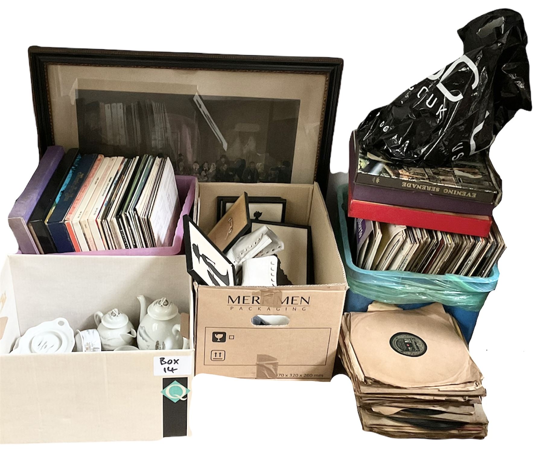 ‘The Early Breakfast’, 19th century hand coloured engraving in Hogarth type frame, vinyl LPs, reproduction silhouettes, two pairs of leather ice skates and tea set depicting a Japanese landscape