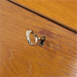 Parker Knoll - teak bureau, sloped fall front enclosing fitted interior, over two short drawers and two panelled cupboard doors