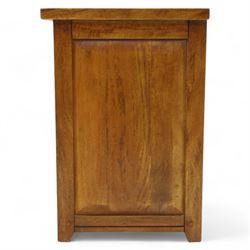 Two hardwood bedside chests,  of rectangular form, fitted with three drawers with recessed brass handles, panelled sides, and flush top, W55xD40xH68cm & W45D45xH68cm 