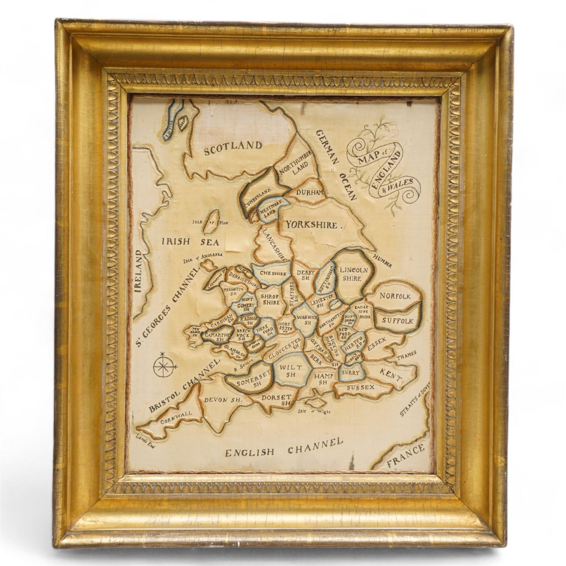 Late 18th to early 19th century framed embroidered needlework map of England and Wales on silk, divided into counties 39cm x 32cm, overall 52cm x 45cm