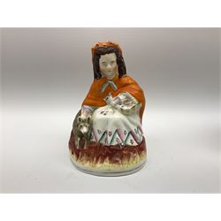 Staffordshire figure modelled as Little Red Riding Hood, together with a group of 19th century and later ceramics, including a Copeland Spode plate decorated with peony and rockwork, Victorian tea cups and saucers, etc., and a Newhall Knitting pattern saucer, in one box 