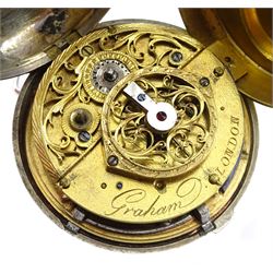 18th century silver and tortoiseshell quadruple cased verge fusee pocket watch by Graham, London, square baluster pillars, pierced and engraved balance cock, signed white enamel dial with Roman numerals and Fleur de Lys decoration, tortoiseshell third outer case with pique work to the borders, in a fitted later white metal fourth case