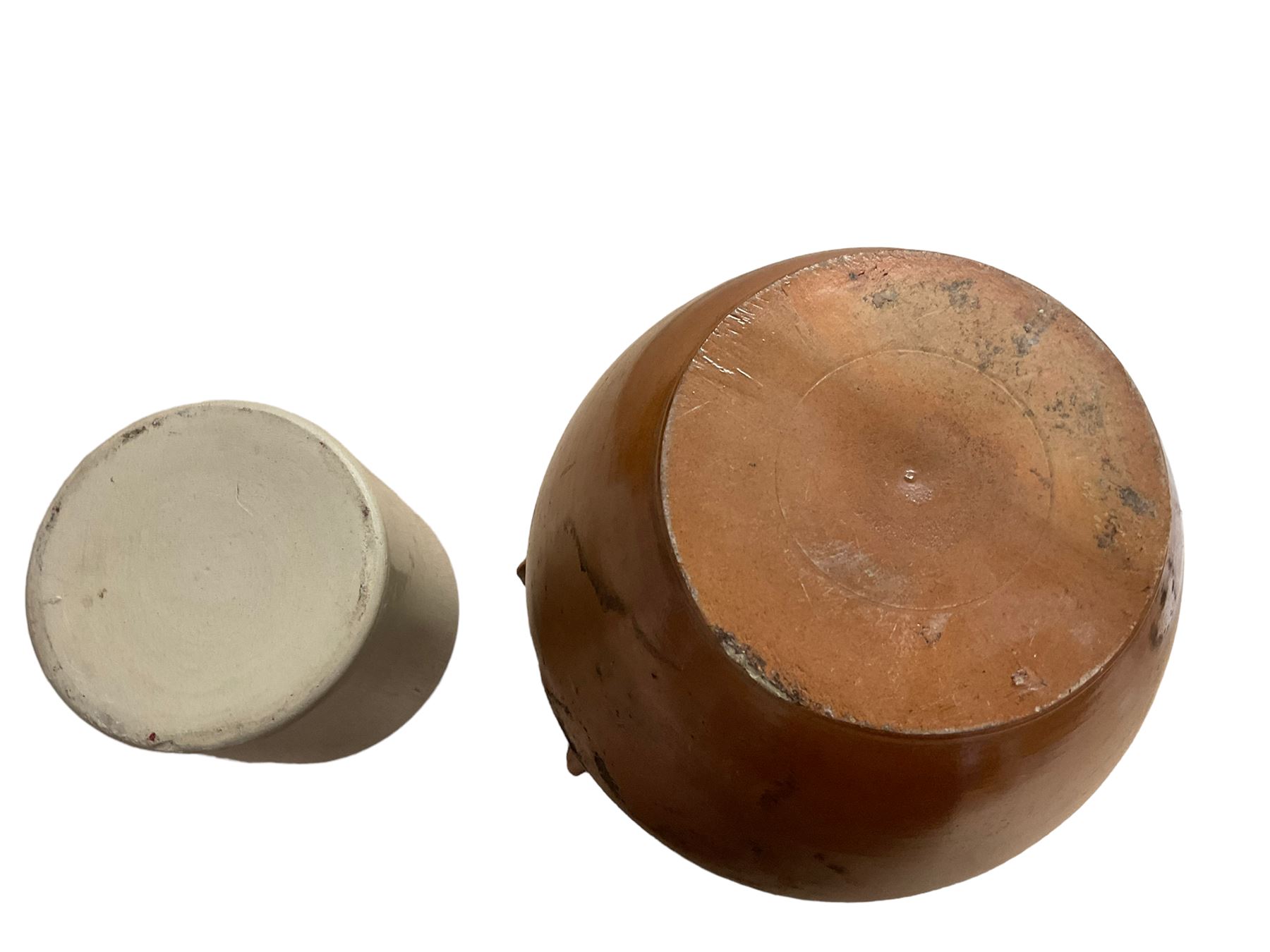 Large Victorian salt glazed jar and cover with twin lug type handles, together with a stoneware open jar, largest example H31.5cm