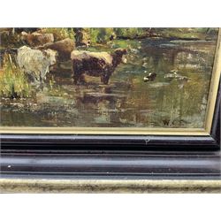 William Charles Estall (British 1857-1897): Cattle and River Landscape, oil on board signed with initials  25cm x 33cm 