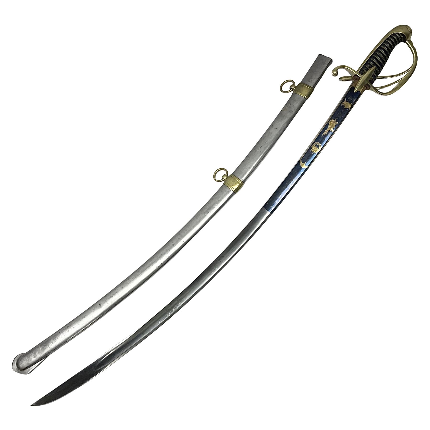Early 19th century French Lancers officer's sword c1810, the 84cm curving fullered blade retaining most of its bluing, gilding and engraved decoration, inscribed I.S.& C. to ricasso (for Schimelbusch), brass three-bar hilt with elongated elliptical langets and wire-bound leather grip; in polished steel scabbard with two brass suspension rings L100cm overall