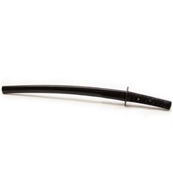 Japanese wakizashi short sword, circular tsuba with simple flower decoration, with lacquered scabbard, blade L46cm