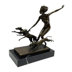 After 'Lorenzl', Art Deco style bronze figure modelled as a lady with three dogs, with foundry mark, including base H23cm