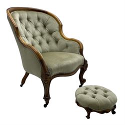 19th century walnut framed drawing room armchair, shaped back and arms and sprung serpentine fronted seat upholstered in buttoned laurel green fabric, raised on cabriole supports with cartouche and acanthus carved knees (W65cm H89cm); with matched footstool, circular top over shaped moulded apron, on foliate carved cabriole feet (W34cm)