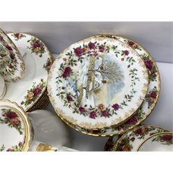 Royal Albert Old Country Roses pattern part tea and dinner service, including coffee pot, miniature teapot and stand, eight dinner plates, cake stand, sauce boat etc 