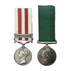 Victoria Long Service in the Volunteer Force Medal awarded to 369 Bombr. W. Woodward 1st Lincs. V.A.; and reproduction Victoria India Medal with Lucknow clasp; both with ribbons (2)