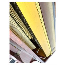 Knight - upright piano in mahogany gloss lacquered case, with stool,  rectangular slide back fall front enclosing full keyboard, with twin brass pedals, cabriole legs 