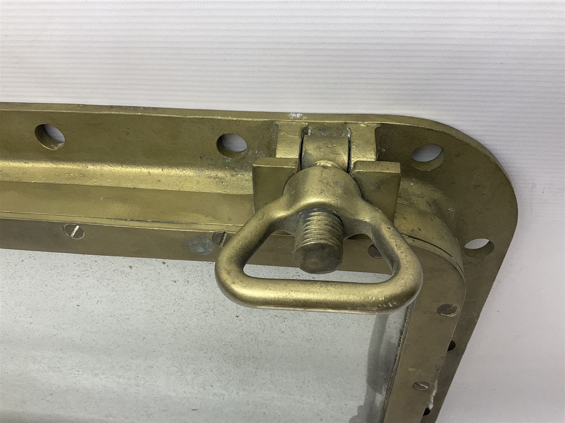 Rectangular brass porthole with hinged window, H46cm, L66cm