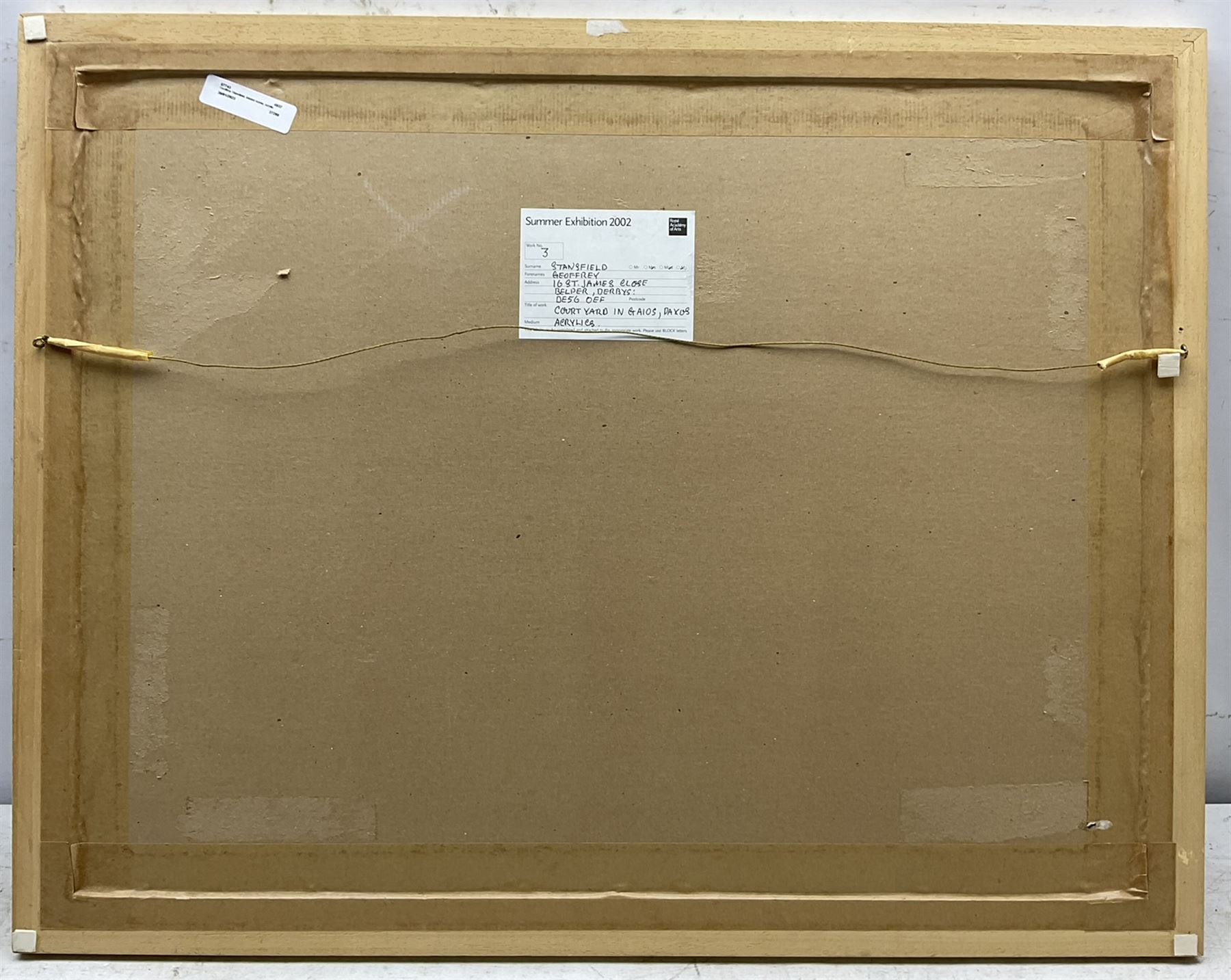 Geoffrey Stansfield (British 1933-2011): 'Courtyard in Gaios - Paxos', acrylic on board signed with initials and dated '02, titled on exhibition label verso 46cm x 60cm 
Provenance: exh. Royal Academy Summer Exhibion 2002, label verso