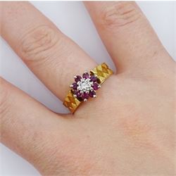 18ct gold ruby diamond cluster ring, hallmarked