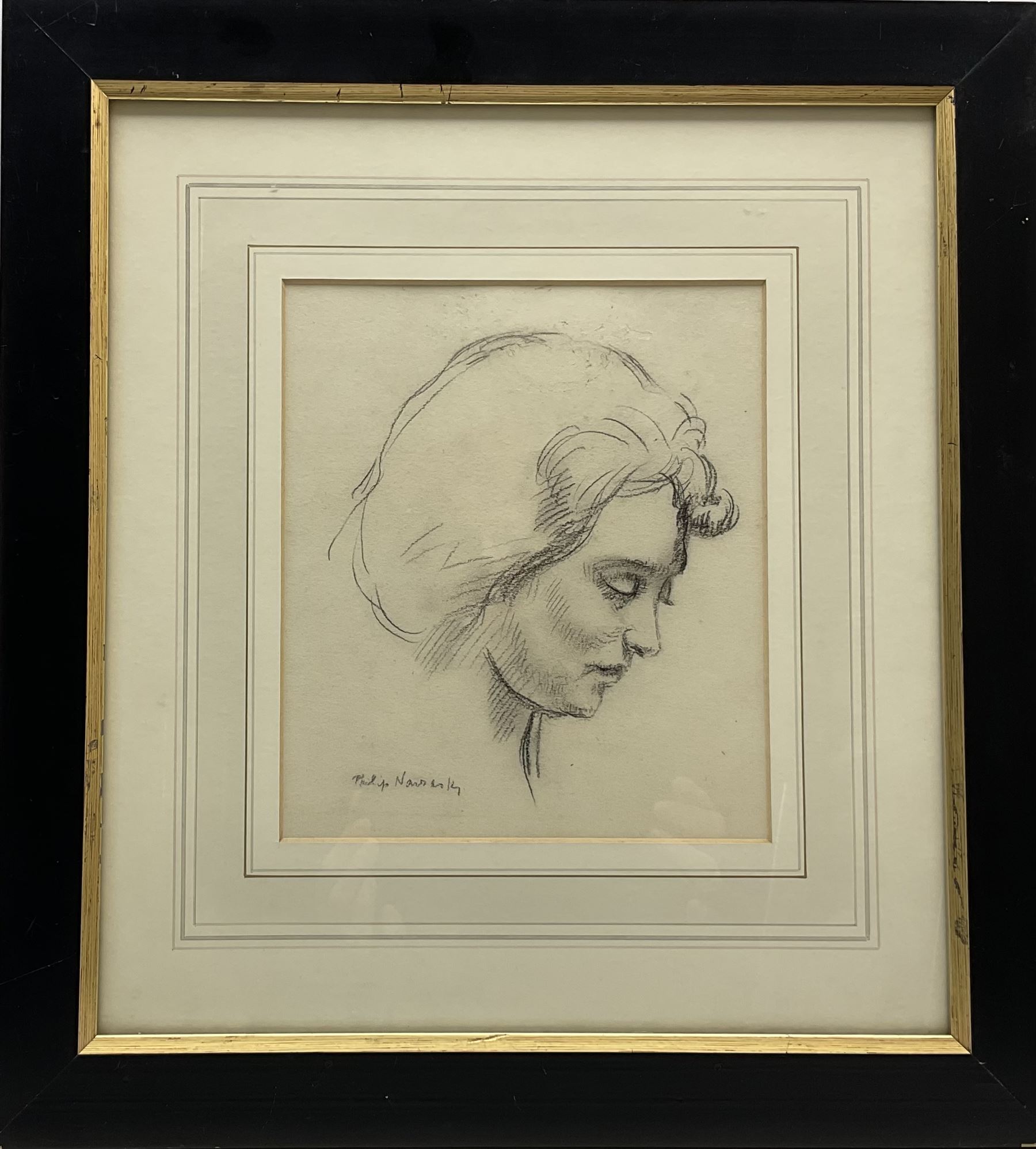 Philip Naviasky (Northern British 1894-1983): Profile Portrait of the Artist's Wife Millie, charcoal on paper signed 23cm x 19.5cm 
Provenance: private collection; Morphets Auctioneers 1st December 2016 Lot 381
