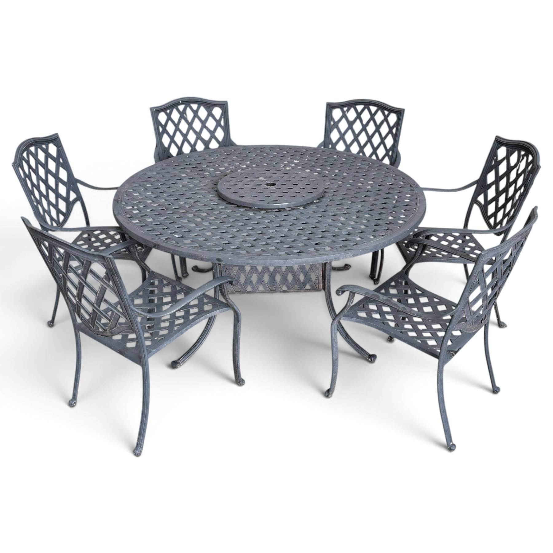 Grey-painted cast metal garden dining suite, comprising circular latticework table on splayed supports (W152cm H72cm), and six matching open armchairs with lattice backs and seats (W61cm H93cm)
