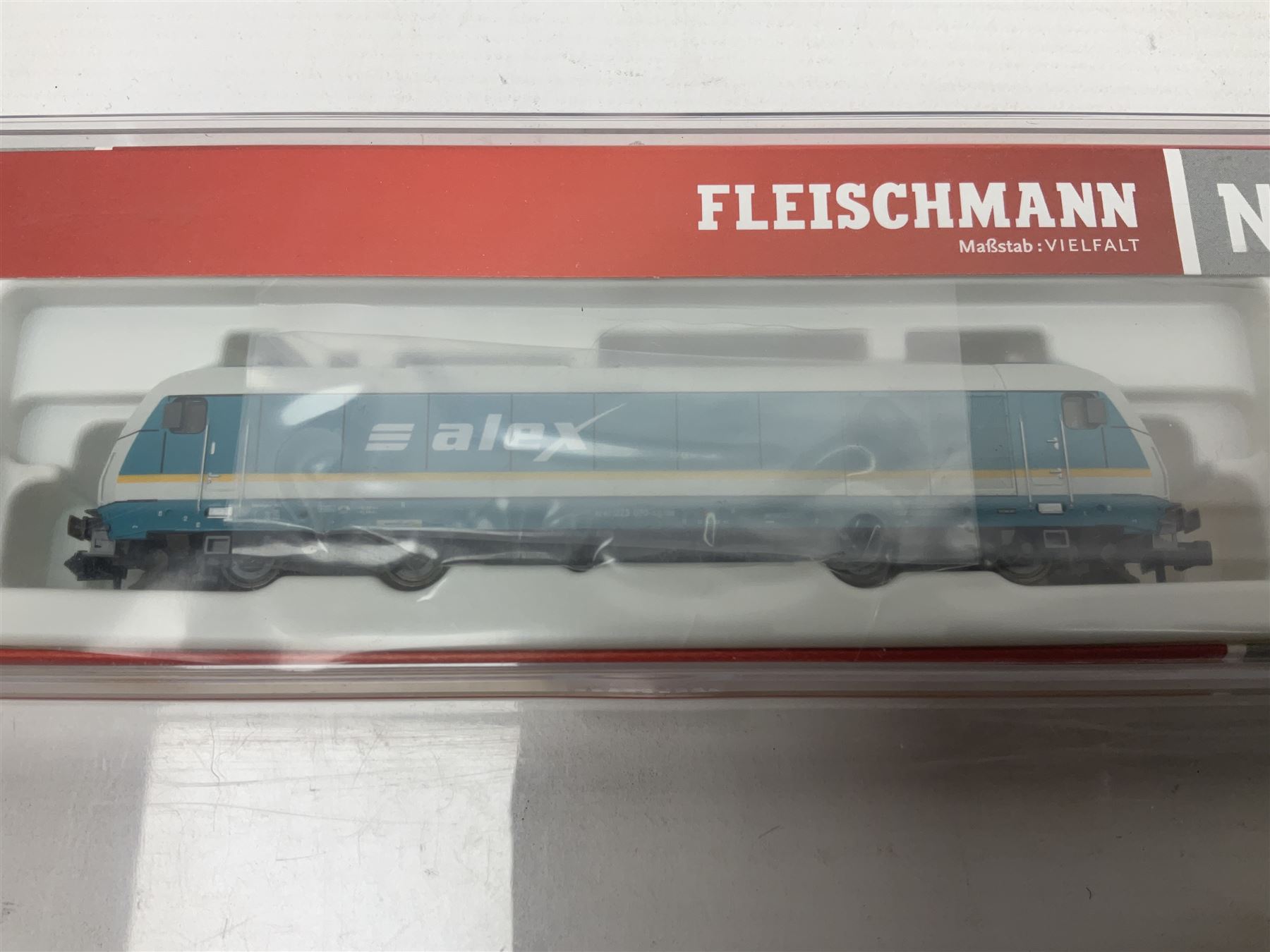 Fleischmann 'N' gauge - 'Piccolo' double pantograph locomotive No.967385 and another locomotive 'Alex'; both boxed (2)