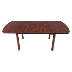 Mid-20th century mahogany extending dining table, with additional leaf, raised on square legs