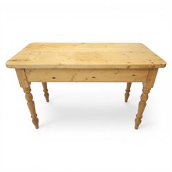 Victorian design stripped pine table, rectangular top with rounded corners, single centre drawer, raised on four turned legs