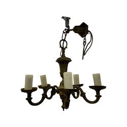 Collection of vintage and modern light fixtures, including copper pendant light, brass five-arm chandelier, hanging lantern and two small chandeliers with hanging faceted droplets (6)